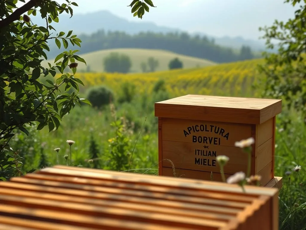 A rustic, natural-looking "arnia top bar" nestled in a lush, verdant Italian countryside. The beehive's warm, golden-hued wooden exterior is complemented by the soft, diffused sunlight filtering through the surrounding foliage. The scene evokes a sense of tranquility and harmony with nature. In the foreground, the hive's distinct, geometric top bars are clearly visible, showcasing the thoughtful design that allows for easy inspection and honey harvesting. The midground features a verdant, rolling landscape dotted with wildflowers, while the background fades into a hazy, dreamlike horizon. The overall mood is one of organic simplicity and traditional Italian apiculture, as embodied by the "APICOLTURA BORVEI MIELE" branding.