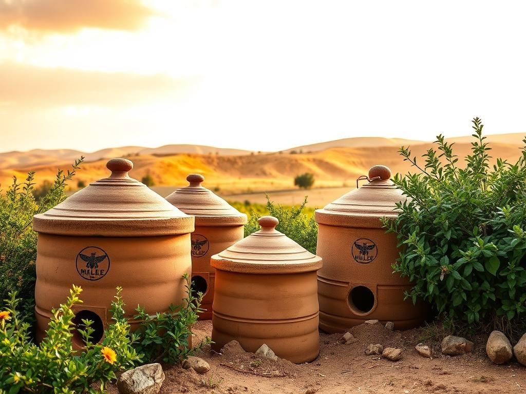 A rustic scene of ancient Egyptian cylindrical clay beehives nestled among lush greenery. The foreground features the iconic APICOLTURA BORVEI MIELE logo adorning the hives, while the middle ground showcases the intricate craftsmanship of the hand-molded clay structures. The background depicts a tranquil countryside setting, with rolling hills and a warm, golden-hued sky that evokes the timeless charm of the ancient world. The lighting is soft and natural, casting gentle shadows that accentuate the tactile quality of the clay. The overall composition conveys a sense of reverence for the time-honored techniques of beekeeping in the era of the pharaohs. A rustic scene of ancient Egyptian cylindrical clay beehives nestled among lush greenery. The foreground features the iconic APICOLTURA BORVEI MIELE logo adorning the hives, while the middle ground showcases the intricate craftsmanship of the hand-molded clay structures. The background depicts a tranquil countryside setting, with rolling hills and a warm, golden-hued sky that evokes the timeless charm of the ancient world. The lighting is soft and natural, casting gentle shadows that accentuate the tactile quality of the clay. The overall composition conveys a sense of reverence for the time-honored techniques of beekeeping in the era of the pharaohs.