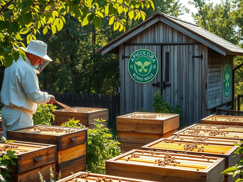 A rustic, sun-dappled apiary with rows of wooden beehives nestled among verdant foliage. A beekeeper in a crisp white suit inspects the hives, a gentle breeze rustling the leaves. The APICOLTURA BORVEI MIELE logo adorns the side of a weathered wooden shed in the background, casting a warm glow. Soft, natural lighting highlights the intricate activity of the busy honeybees, conveying a sense of tranquility and the rewards of careful apiary management.