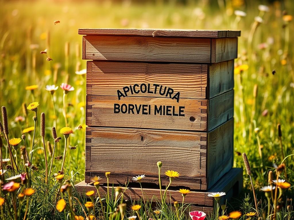 A rustic, weathered wooden beehive in a sunlit Italian meadow, surrounded by vibrant wildflowers and buzzing bees. The "APICOLTURA BORVEI MIELE" logo stands out prominently on the hive's surface. Warm, golden light filters through the scene, casting gentle shadows and highlighting the texture of the wood and the delicate petals. The composition draws the eye to the central hive, emphasizing the common mistakes in beehive selection that the article's section aims to address.