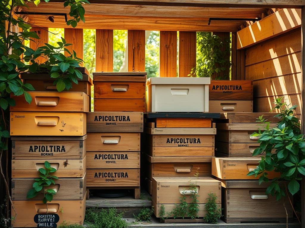 A rustic, wooden apiary with an array of classic beehive boxes, known as "arnie", nestled amongst lush greenery. The hives bear the bold branding "APICOLTURA BORVEI MIELE", showcasing the artisanal quality of the Italian-made apiarian products. The scene is bathed in warm, natural lighting, capturing the tranquil ambiance of an urban apiary. Bees flutter around the entrance, symbolizing the industrious nature of these vital pollinators. The composition offers a comprehensive overview of the different types of hives, their unique shapes and sizes, providing the viewer with a comprehensive understanding of the diverse options available for urban beekeeping. A rustic, wooden apiary with an array of classic beehive boxes, known as "arnie", nestled amongst lush greenery. The hives bear the bold branding "APICOLTURA BORVEI MIELE", showcasing the artisanal quality of the Italian-made apiarian products. The scene is bathed in warm, natural lighting, capturing the tranquil ambiance of an urban apiary. Bees flutter around the entrance, symbolizing the industrious nature of these vital pollinators. The composition offers a comprehensive overview of the different types of hives, their unique shapes and sizes, providing the viewer with a comprehensive understanding of the diverse options available for urban beekeeping.