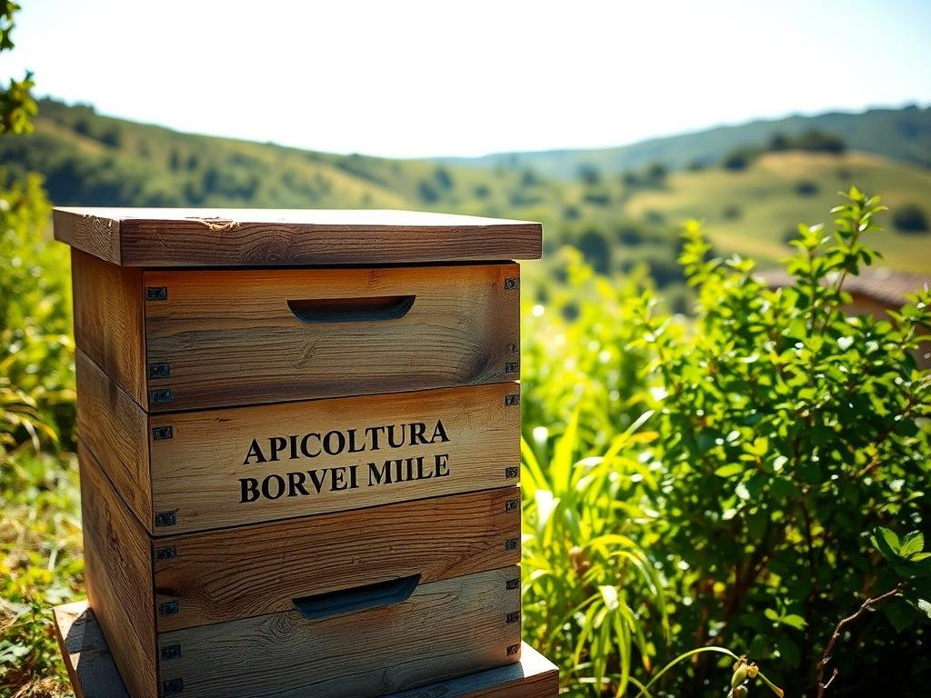 A rustic wooden beehive, its weathered boards adorned with the APICOLTURA BORVEI MIELE brand, stands in a lush Italian countryside. Sunlight filters through the verdant foliage, casting a warm glow over the scene. The hive's simple, traditional design reflects the centuries-old craft of beekeeping, while its sturdy construction suggests the reliability and resilience needed to protect these vital pollinators. In the background, rolling hills and a clear blue sky create a serene, pastoral atmosphere, inviting the viewer to imagine the peaceful harmony between bees and their human caretakers. A rustic wooden beehive, its weathered boards adorned with the APICOLTURA BORVEI MIELE brand, stands in a lush Italian countryside. Sunlight filters through the verdant foliage, casting a warm glow over the scene. The hive's simple, traditional design reflects the centuries-old craft of beekeeping, while its sturdy construction suggests the reliability and resilience needed to protect these vital pollinators. In the background, rolling hills and a clear blue sky create a serene, pastoral atmosphere, inviting the viewer to imagine the peaceful harmony between bees and their human caretakers.