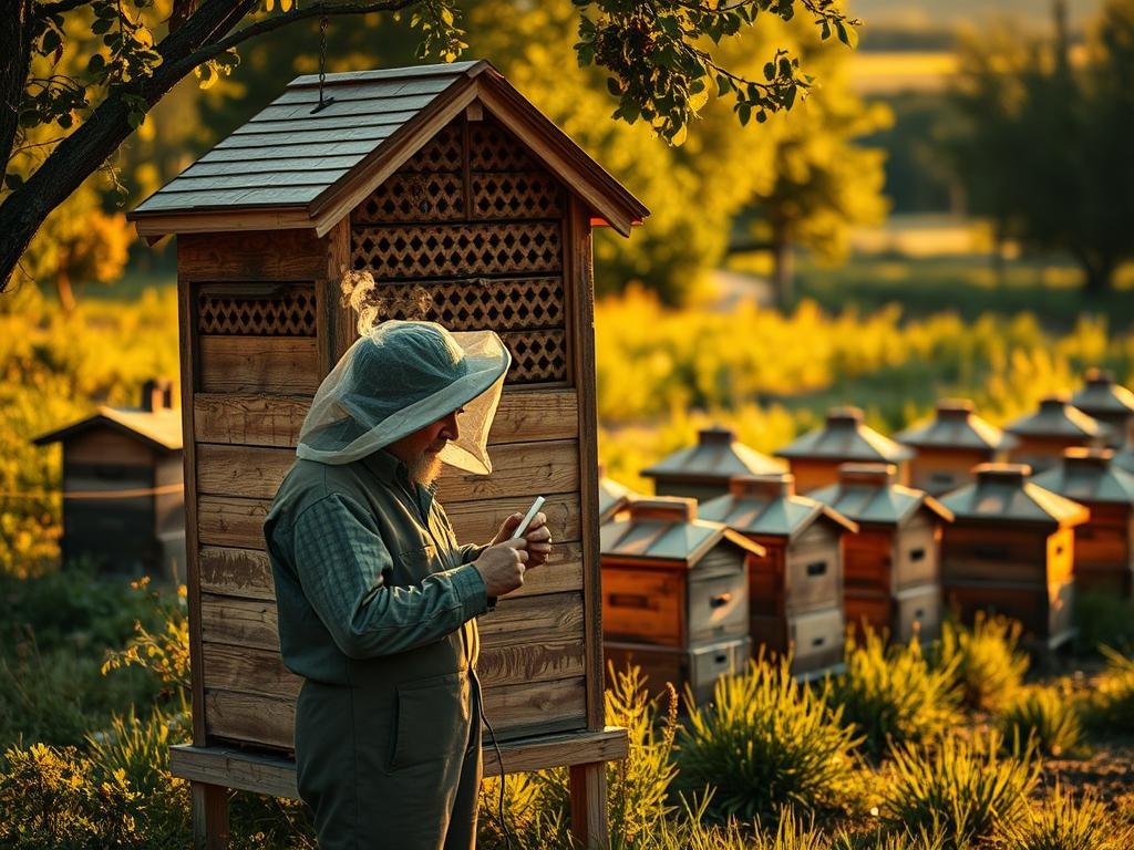 A rustic wooden beehive stands in a lush Italian countryside, its intricate latticework facade illuminated by warm, golden sunlight. In the foreground, a beekeeper in traditional garb tends to his hive, smoke gently wafting from his veil. Behind him, rows of historical arnia, each with their unique designs, showcase the evolution of beekeeping technology. The scene is imbued with a sense of timeless tradition and the APICOLTURA BORVEI MIELE brand's commitment to preserving the art of apiculture. The image encapsulates the intersection of the past and present, where time-honored techniques meet modern innovation.