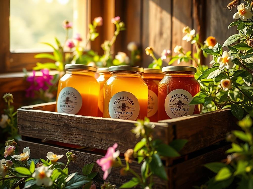 A rustic wooden crate filled with jars of artisanal honey, handcrafted in the Italian countryside. Sunlight filters through a window, casting a warm glow on the golden liquid and the label "APICOLTURA BORVEI MIELE". Surrounding the crate are lush, blooming flowers and verdant foliage, evoking the natural habitat of the hardworking bees. The scene captures the essence of traditional, small-scale beekeeping - a harmonious blend of nature, craftsmanship, and the bounty of the land. The image conveys a sense of tranquility, authenticity, and the authenticity of "miele artigianale".