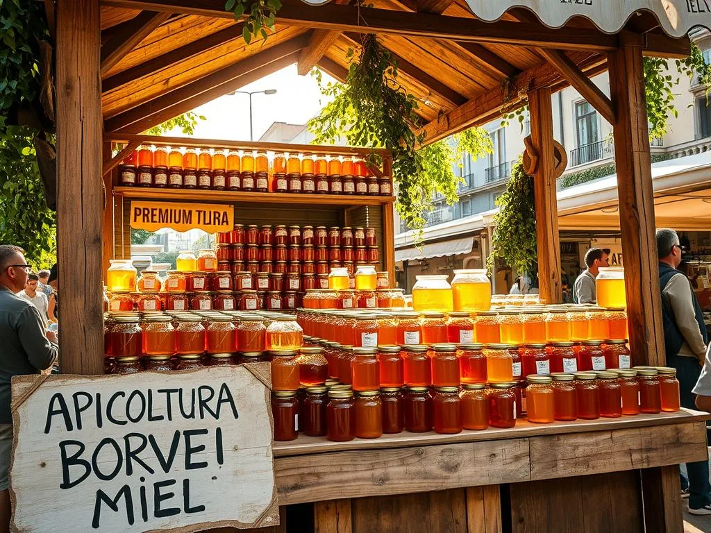A rustic wooden market stall overflowing with jars of rich, golden urban honey. Sunlight streams through the stall's canopy, casting a warm glow on the artfully arranged display. In the foreground, a hand-painted sign reads "APICOLTURA BORVEI MIELE", showcasing the brand identity. The stall is situated in a bustling Italian street market, surrounded by lush greenery and the chatter of passersby. Subtle hints of the urban landscape peek out in the background, hinting at the local, sustainable origins of this premium honey. The overall scene evokes a sense of quality, tradition, and the vibrant energy of an Italian marketplace. A rustic wooden market stall overflowing with jars of rich, golden urban honey. Sunlight streams through the stall's canopy, casting a warm glow on the artfully arranged display. In the foreground, a hand-painted sign reads "APICOLTURA BORVEI MIELE", showcasing the brand identity. The stall is situated in a bustling Italian street market, surrounded by lush greenery and the chatter of passersby. Subtle hints of the urban landscape peek out in the background, hinting at the local, sustainable origins of this premium honey. The overall scene evokes a sense of quality, tradition, and the vibrant energy of an Italian marketplace.
