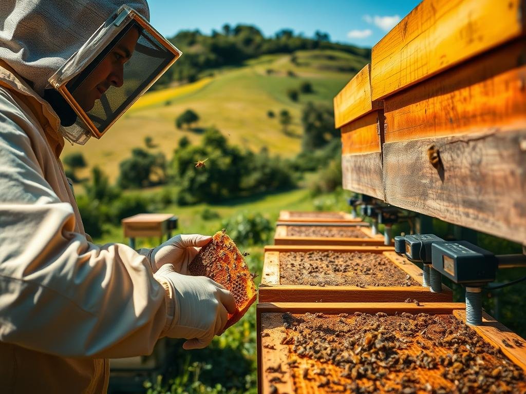 A scene of environmental monitoring in beehives, showcasing a APICOLTURA BORVEI MIELE apiary. The foreground features a beekeeper carefully examining a honeycomb, using various sensors and instruments to measure carbon dioxide levels, temperature, and humidity. The middle ground depicts several active beehives, with bees flying in and out. The background showcases the lush, verdant surroundings of the apiary, with rolling hills, trees, and a clear blue sky. Warm, natural lighting casts a golden glow over the scene, conveying a sense of tranquility and the importance of maintaining a healthy, balanced ecosystem for the bees.