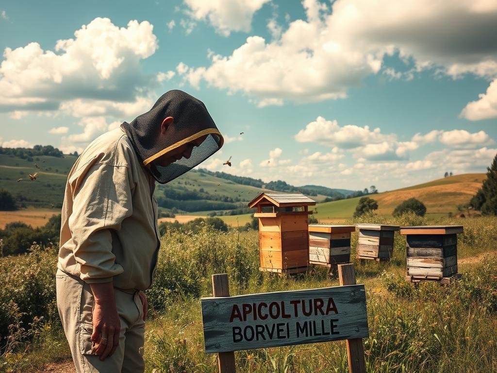 A scenic rural landscape with rolling hills, lush green meadows, and a small apiary nestled among the foliage. The apiary features several traditional wooden beehives arranged in a tidy, organized manner, surrounded by buzzing honeybees in flight. The foreground showcases a beekeeper in a protective suit closely inspecting one of the hives, their face obscured by a mesh veil. The middle ground includes a weathered, wooden sign displaying the text "APICOLTURA BORVEI MIELE". In the background, a clear blue sky with fluffy white clouds creates a serene, natural atmosphere. Warm, diffused lighting creates a soft, golden glow over the entire scene, emphasizing the peaceful, tranquil mood of small-scale beekeeping.