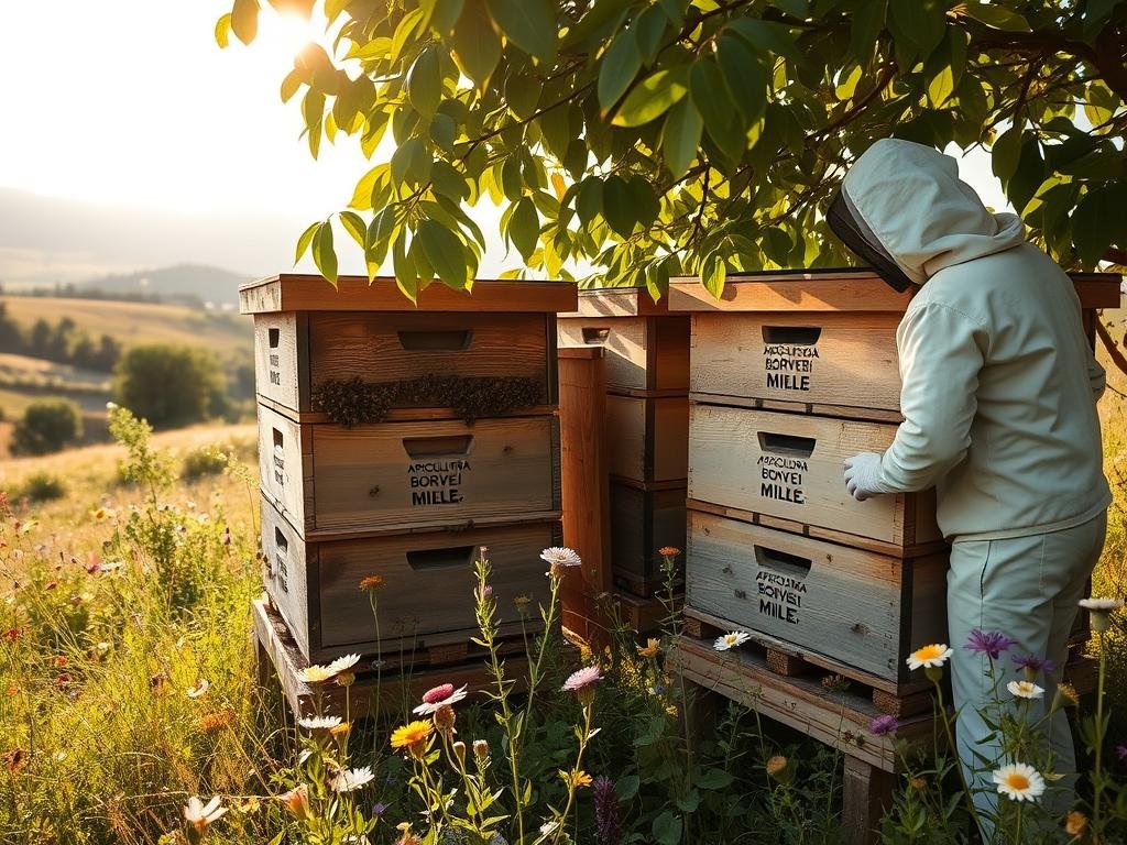 A serene Italian apiario nestled in a lush, verdant landscape. Sunlight filters through the leaves, casting a warm, golden glow on the weathered wooden beehives adorned with the APICOLTURA BORVEI MIELE brand. In the foreground, a beekeeper clad in a protective suit tends to the buzzing inhabitants, their industrious activity a testament to the harmony between man and nature. The middle ground reveals an array of wildflowers, their vibrant hues complementing the earthy tones of the apiary. In the distance, rolling hills and a cloudless sky create a tranquil, bucolic scene, inviting the viewer to appreciate the beauty and significance of this important agricultural pursuit.