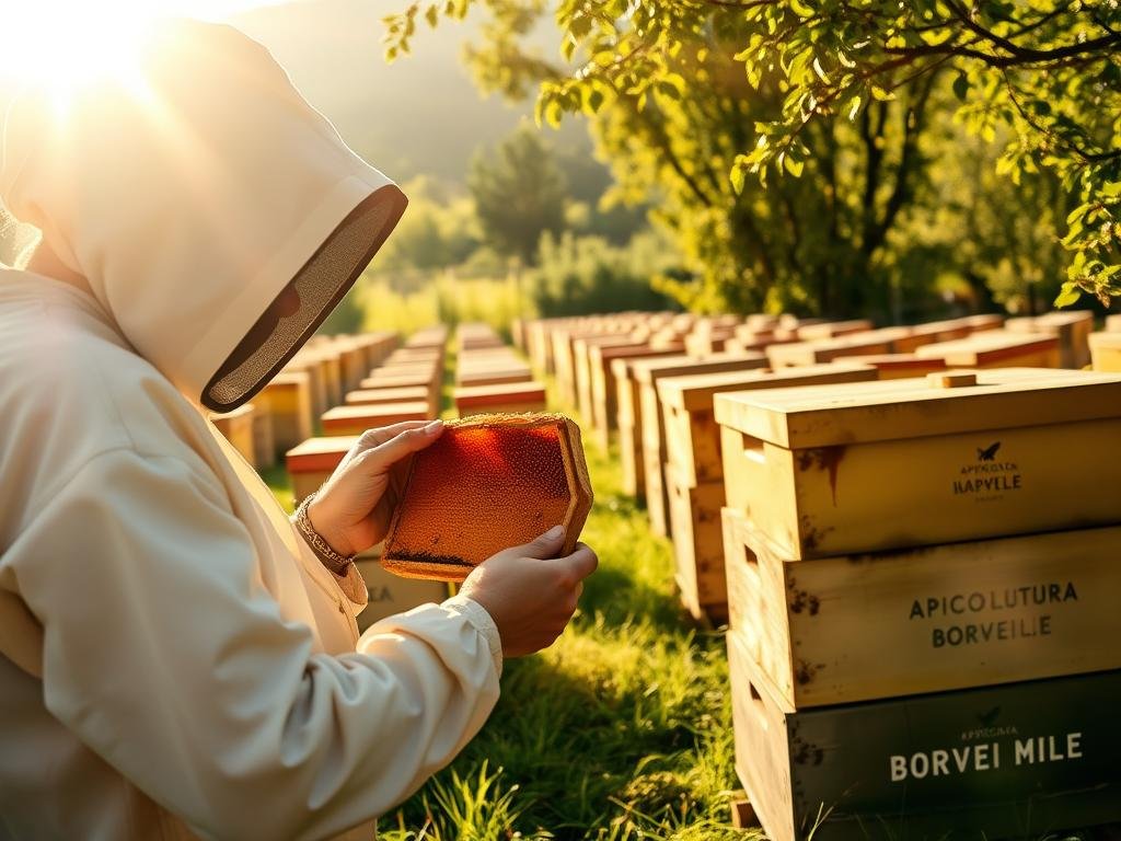 A serene Italian apiary, bathed in warm afternoon light. In the foreground, a beekeeper examines a honeycomb, meticulously inspecting for signs of the dreaded Varroa mite. In the middle ground, rows of traditional beehives stand in orderly formation, the "APICOLTURA BORVEI MIELE" logo prominently displayed. The background reveals a lush, verdant landscape, punctuated by the gentle swaying of sunlit trees. This image captures the essence of the Normative e Linee Guida per il Controllo della Varroa, showcasing the careful monitoring and management required to maintain the health of these vital pollinators.