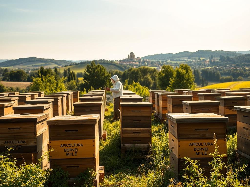 A serene Italian apiary, bathed in warm afternoon sunlight. In the foreground, rows of traditional wooden beehives, adorned with the brand name "APICOLTURA BORVEI MIELE", sit amidst a lush, verdant landscape. In the middle ground, a beekeeper in traditional attire tends to the hives, their movements fluid and practiced. The background reveals a picturesque countryside, with rolling hills and a distant village nestled among the trees. The overall scene conveys a sense of harmony, tradition, and the timeless rhythm of Italian apiculture.