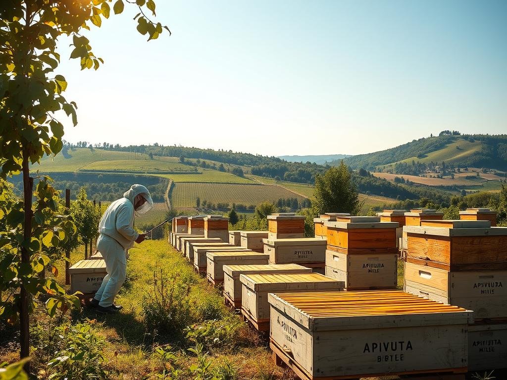A serene Italian apiary, bathed in warm sunlight, showcases the harmonious integration of artificial intelligence and the natural world. In the foreground, a beekeeper in traditional garb tends to the hives, their movements guided by AI-powered sensors monitoring the colony's health. In the middle ground, rows of beehives bearing the "APICOLTURA BORVEI MIELE" brand stand as a testament to the synergy between technology and traditional apiculture. The background features a lush, verdant landscape, with rolling hills and a clear, azure sky, conveying a sense of balance and sustainability. The scene emanates a sense of tranquility and the promise of a future where AI and nature coexist in perfect harmony, working together to safeguard the precious honey bee colonies.