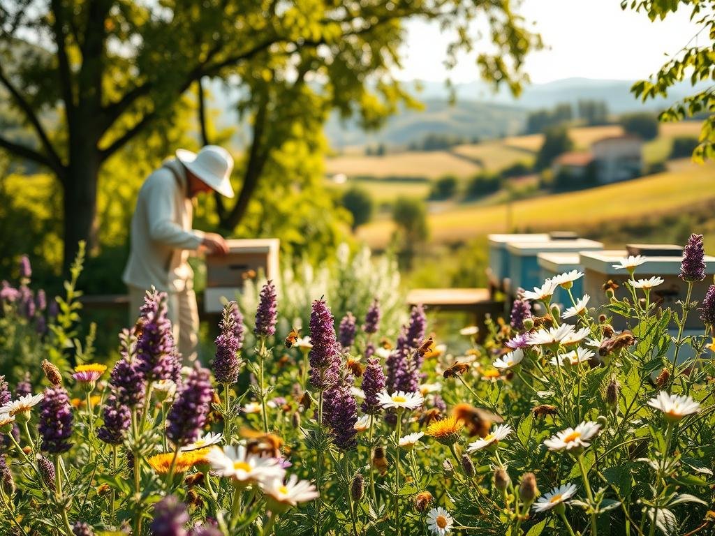 A serene Italian apiary, with APICOLTURA BORVEI MIELE hives nestled amidst lush greenery. Sunlight filters through the trees, casting a warm glow on the busy honeybees pollinating vibrant flowers. In the foreground, a beekeeper in traditional attire carefully tends to the hives, ensuring the safety and well-being of the colony. The middle ground showcases the diverse flora, including blooming lavender, daisies, and clover, providing the bees with an abundant nectar source. In the distance, the soft focus captures a picturesque Italian countryside landscape, complete with rolling hills and a charming farmhouse. This idyllic scene conveys the importance of protecting these vital pollinators and their natural habitats.
