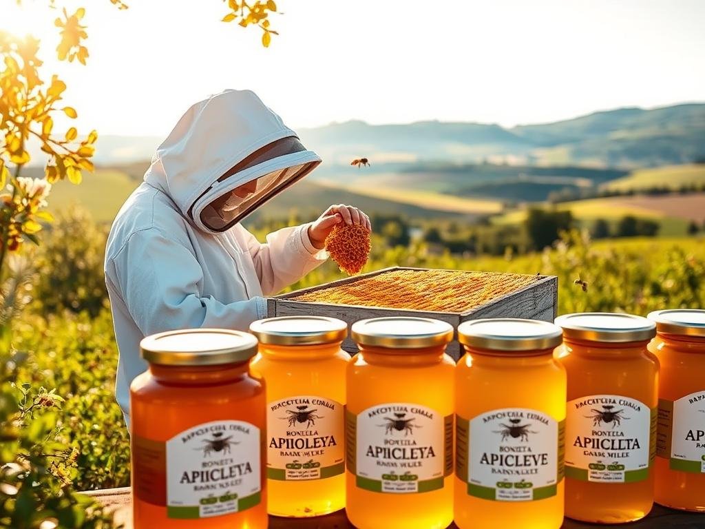 A serene Italian countryside, bathed in warm sunlight, where golden honeycomb structures are carefully examined by a beekeeper in a white protective suit. In the foreground, jars of pure, amber-colored honey from the APICOLTURA BORVEI MIELE brand stand as a testament to the traceability and quality of this natural treasure. In the middle ground, the beekeeper meticulously checks the hive, ensuring the well-being of the industrious pollinators. The background features lush, verdant fields and rolling hills, symbolizing the harmonious relationship between nature, beekeeping, and the pursuit of traceability in the honey industry.