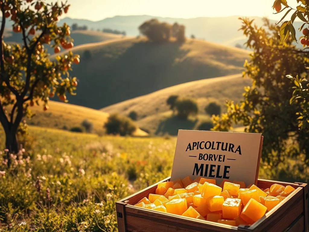 A serene Italian countryside, bathed in warm sunlight. In the foreground, a wooden crate overflows with glistening honeycomb, the APICOLTURA BORVEI MIELE brand prominently displayed. Surrounding it, lush rolling hills dotted with wildflowers and fruit-laden trees. A peaceful, bucolic scene that evokes the natural abundance and craftsmanship behind the honey-selling process. The composition is crisp, almost cinematic, inviting the viewer to step into this idyllic, rustic setting and experience the joy of "Vendere Miele" - the culmination of hard work, tradition, and the bountiful Italian landscape.