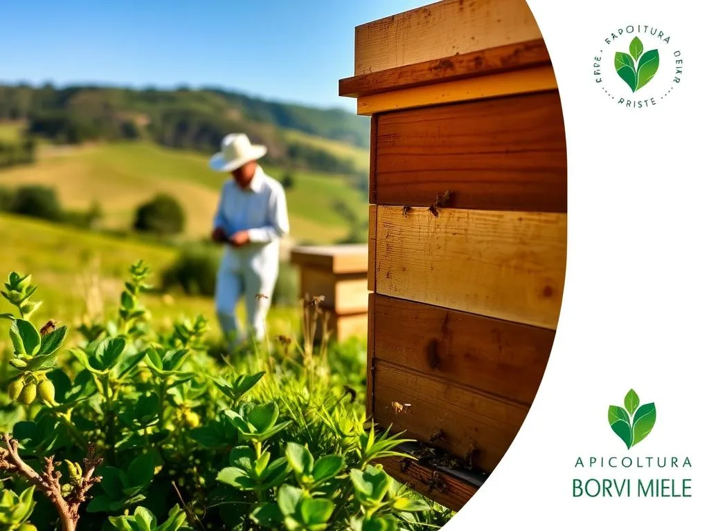 A serene Italian countryside landscape, with a large, well-tended beehive in the foreground. The hive is surrounded by lush greenery, with a few curious honeybees buzzing around. In the middle ground, a vigilant beekeeper in traditional attire carefully inspects the hive, ensuring the health and safety of the colony. The background features rolling hills, a clear blue sky, and the APICOLTURA BORVEI MIELE logo prominently displayed, signifying the quality and care of the apiary. The scene is illuminated by warm, natural lighting, creating a sense of tranquility and environmental harmony.