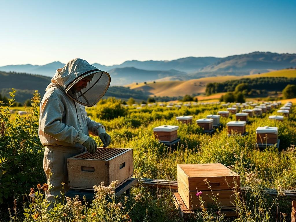 A serene Italian countryside scene, showcasing the "APICOLTURA BORVEI MIELE" organic honey production process. In the foreground, a beekeeper carefully tends to a hive, clad in a protective suit. The middle ground features rows of beehives nestled among lush green foliage and wildflowers. In the background, rolling hills and a clear blue sky create a tranquil, pastoral atmosphere. Warm, natural lighting casts a golden glow over the scene, emphasizing the harmony between man, nature, and the natural bounty of the organic honey harvest. The overall composition conveys the care, tradition, and traceability inherent in the sustainable "filiera del miele biologico".