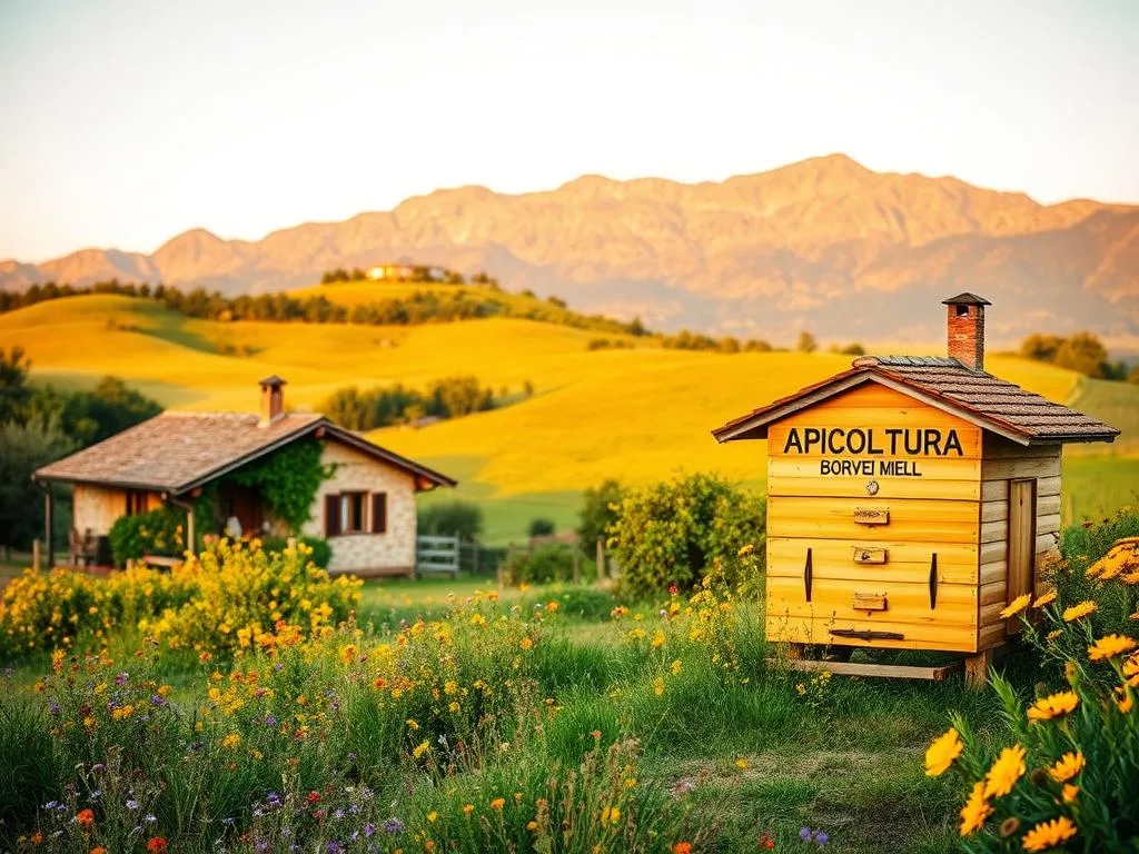 A serene Italian countryside scene, showcasing the diverse regional variations of beekeeping regulations across the nation. In the foreground, a quaint farmhouse with a traditional apiary nestled in the backyard, bearing the signage "APICOLTURA BORVEI MIELE". The middle ground features rolling hills dotted with vibrant wildflowers, while the background is a picturesque mountain range bathed in warm, golden sunlight. The overall atmosphere evokes a sense of pastoral tranquility, reflecting the nuanced regional norms that govern Italy's thriving apiculture industry.