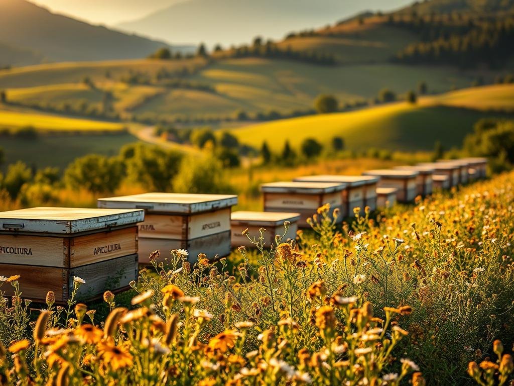 A serene Italian countryside scene, with rolling hills and lush greenery in the background. In the foreground, a vibrant display of the "Apicoltura" brand, featuring rows of traditional beehives nestled amidst blooming wildflowers. Bees can be seen flitting from blossom to blossom, highlighting the essential role of these industrious insects in the art of beekeeping. The lighting is warm and golden, casting a soft glow over the entire composition. The camera angle is slightly elevated, providing a comprehensive view of the apiarian tableau. The overall mood is one of tranquility and reverence for the natural world and the time-honored practice of Italian beekeeping.