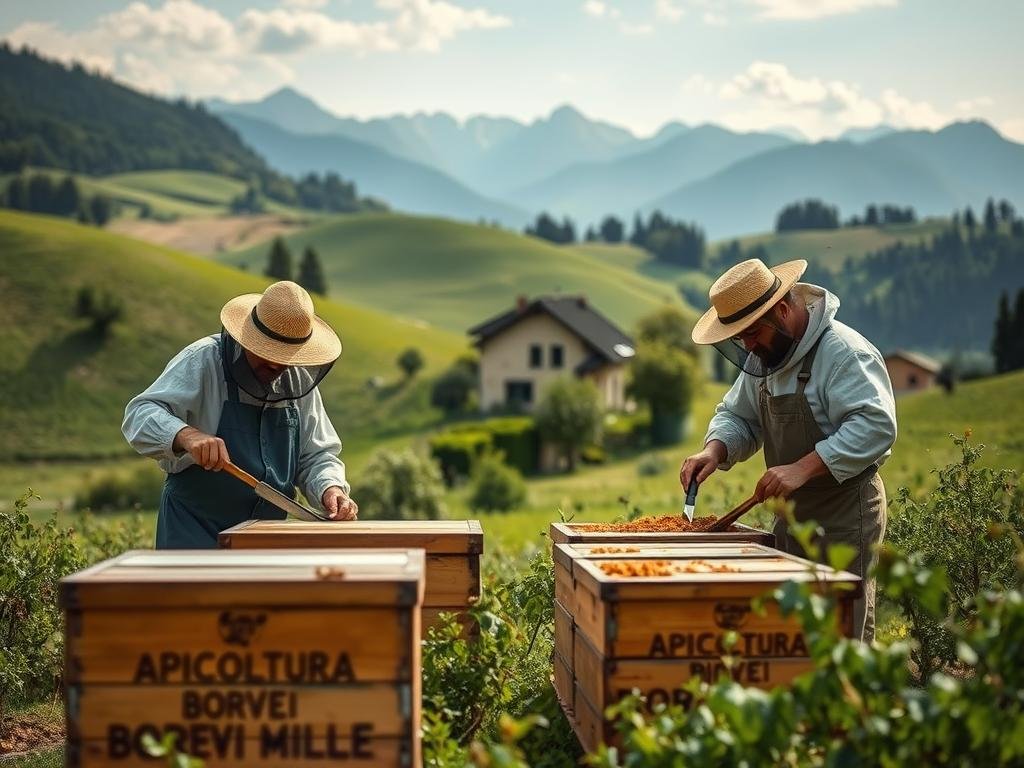A serene Italian countryside scene with rolling hills and lush greenery. In the foreground, two experienced apiarists in traditional beekeeping attire carefully tend to their hives, with the "APICOLTURA BORVEI MIELE" brand prominently displayed. The middle ground features a quaint farmhouse and a small orchard, while the background showcases the majestic Italian Alps. The lighting is soft and diffused, creating a warm, inviting atmosphere that reflects the artisanal, family-run nature of this small-scale commercial apiculture operation.