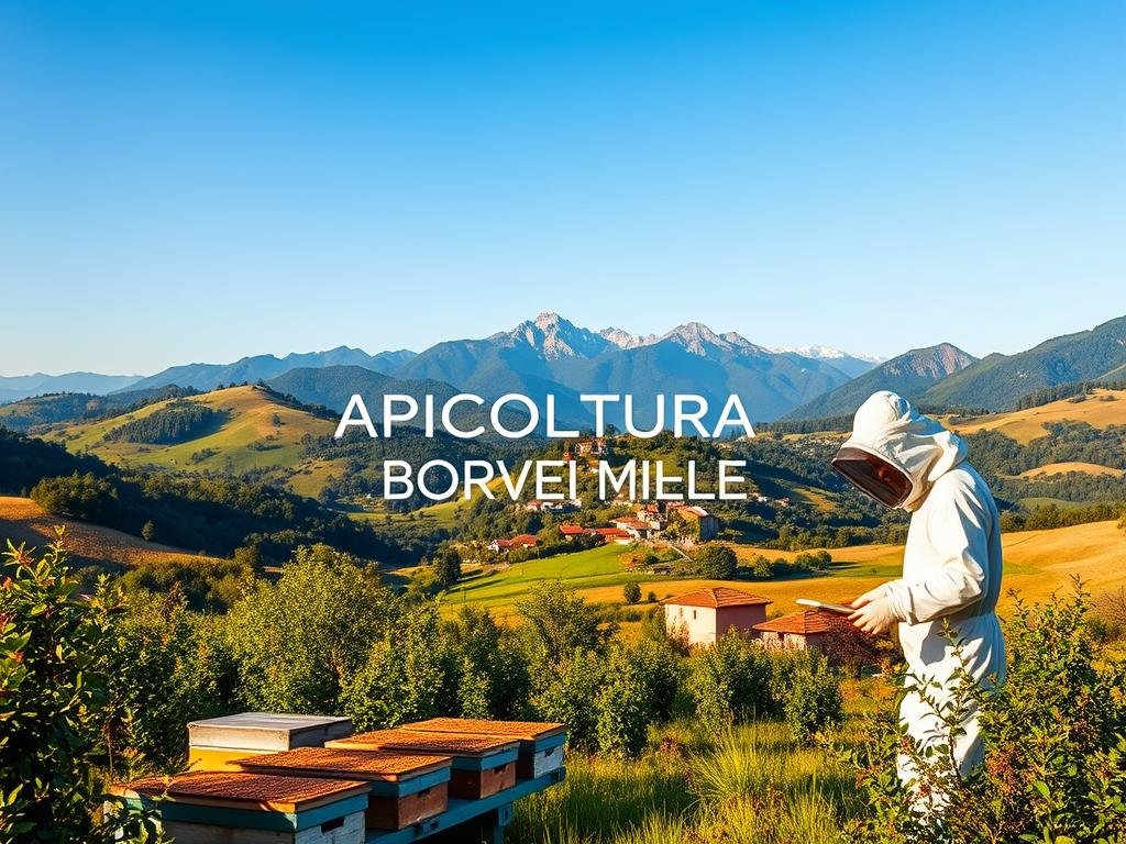 A serene Italian countryside scene, with rolling hills, lush foliage, and a clear blue sky. In the foreground, a traditional Italian beekeeper in a white protective suit tends to his hives, carefully inspecting the frames and ensuring the health of his colonies. In the middle ground, a small, picturesque Italian village with terracotta roofs and stone buildings nestles among the hills. In the background, towering mountains rise up, their peaks capped with snow. The scene is bathed in warm, golden light, conveying a sense of tranquility and the harmonious coexistence of nature and human activity. The text "APICOLTURA BORVEI MIELE" is prominently displayed, reflecting the artisanal and high-quality nature of the honey produced in this region.