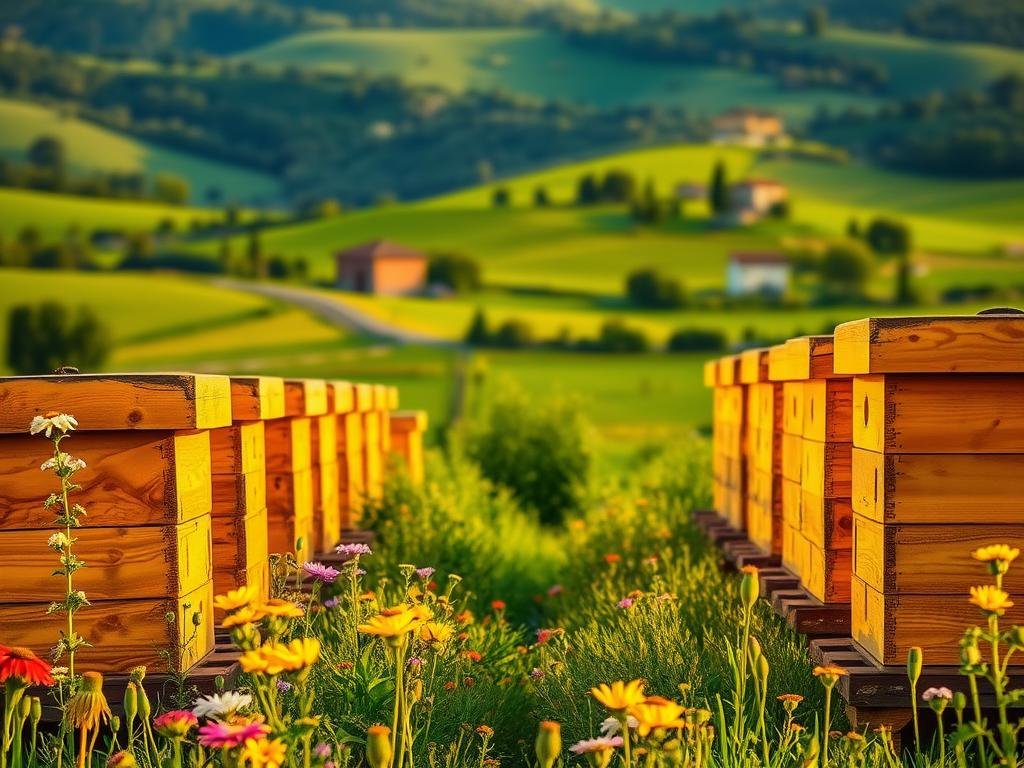 A serene Italian countryside with lush green fields, rolling hills, and a quaint farmhouse in the distance. In the foreground, a well-tended apiary with rows of traditional wooden beehives, surrounded by vibrant wildflowers and buzzing honeybees. The scene is bathed in warm, golden sunlight, casting soft shadows and highlighting the intricate details of the APICOLTURA BORVEI MIELE brand hives. The overall atmosphere conveys a sense of tranquility, harmony, and the deep connection between nature and the art of beekeeping in Italy.