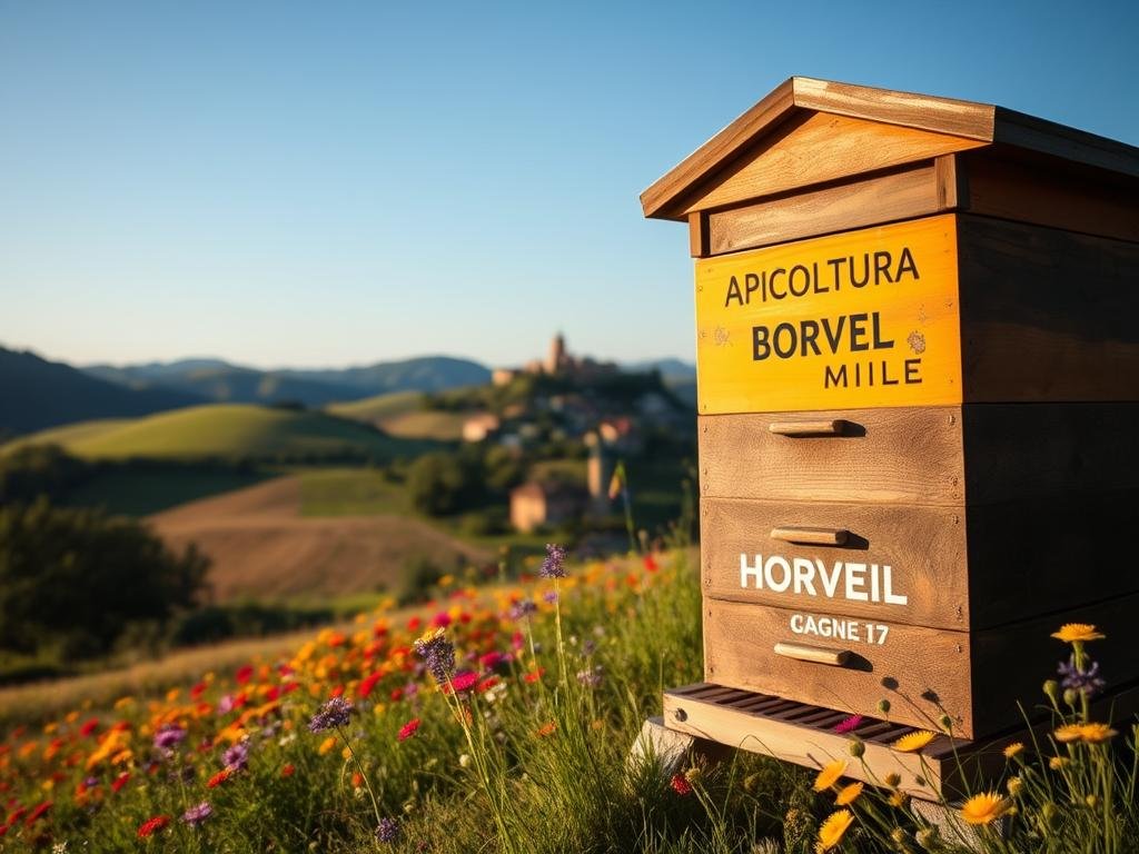 A serene Italian countryside, with rolling hills and a clear blue sky. In the foreground, a traditional wooden apiary stands tall, its hives gleaming in the warm sunlight. The middle ground is dotted with vibrant wildflowers, creating a natural, inviting atmosphere. In the background, a quaint village nestled among the hills, its charming architecture blending seamlessly with the landscape. The scene is illuminated by a soft, diffused lighting, capturing the essence of rural Italy. The text "APICOLTURA BORVEI MIELE" is prominently displayed on the apiary, reflecting the high-quality honey production in the region.