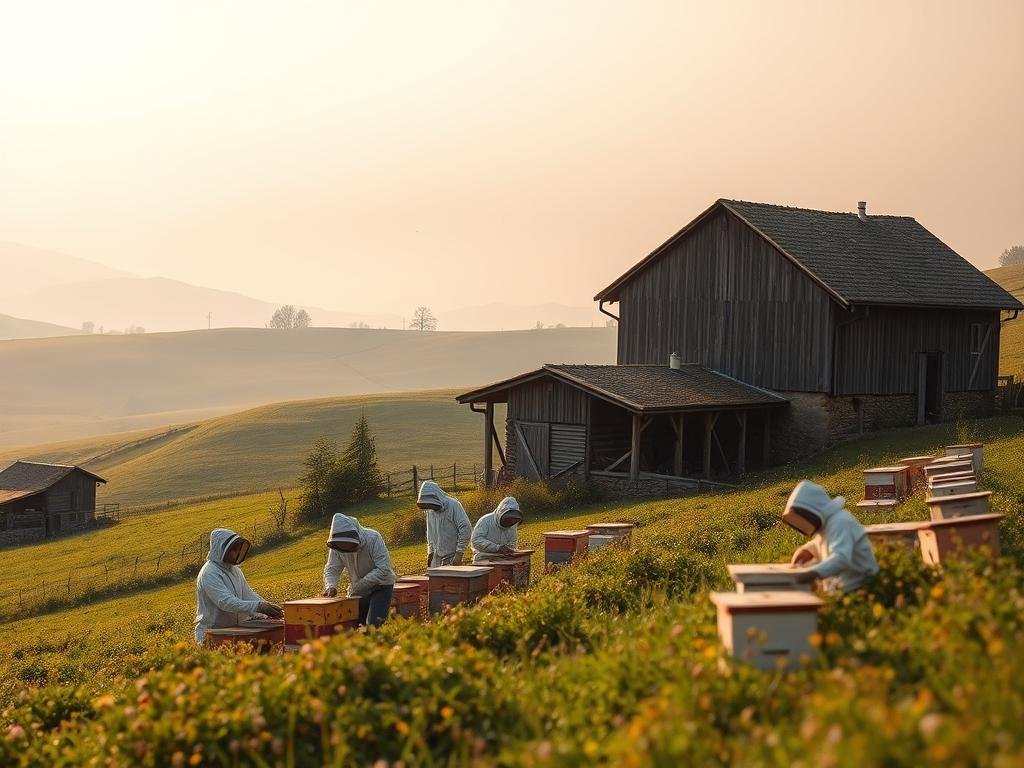 A serene Italian countryside, with rolling hills and lush green meadows. In the foreground, a group of hardworking beekeepers from APICOLTURA BORVEI MIELE tending to their hives, their movements graceful and experienced. The air is filled with the gentle hum of honeybees, as they flit from flower to flower, gathering the nectar that will become the golden, fragrant honey. In the middle ground, a picturesque wooden barn stands, its weathered walls a testament to the legacy of Italian apiculture. The background is a soft, hazy sky, tinged with the warm hues of the setting sun, casting a gentle glow over the entire scene. The atmosphere is one of tranquility and tradition, capturing the essence of the world of honey.