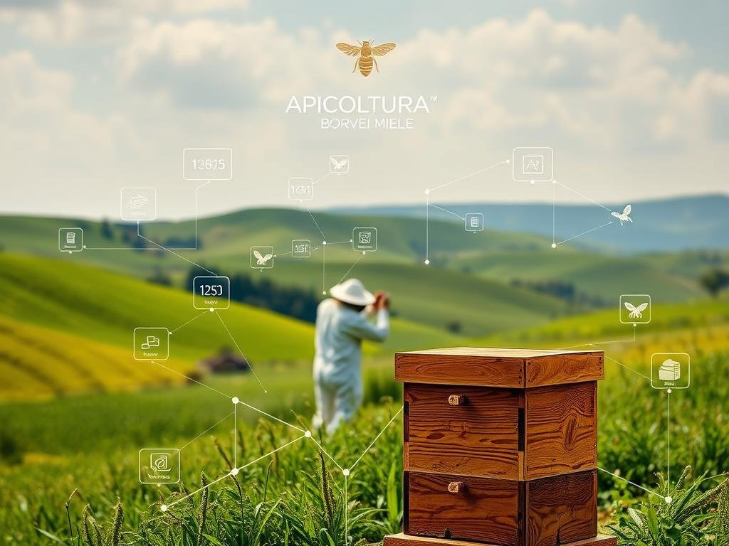 A serene Italian countryside, with rolling hills and lush green meadows. In the foreground, a wooden beehive stands proud, its intricate patterns and textures meticulously captured. Nearby, a beekeeper in traditional attire inspects the hive, their movements fluid and purposeful. In the middle ground, a network of digital devices and screens displays real-time data on the honey's provenance, tracing its journey from the hive to the consumer. The background is adorned with the APICOLTURA BORVEI MIELE brand, a testament to the integrity and quality of the honey. The image conveys a sense of harmony between traditional beekeeping practices and the integration of modern, digital traceability, setting the stage for the future of the apiary industry.