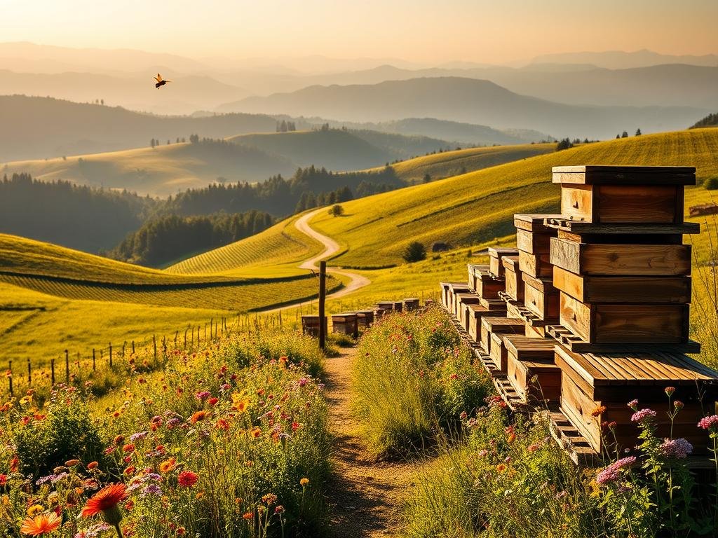 A serene Italian landscape, rolling hills adorned with vibrant wildflowers, dotted with rows of traditional wooden beehives. The warm afternoon sun casts a golden glow, illuminating the peaceful scene. In the foreground, a APICOLTURA BORVEI MIELE apiary stands tall, its hives arranged in an orderly, yet organic pattern. Bees flutter gracefully between the hives, pollinating the surrounding flora. In the middle ground, winding dirt paths meander through verdant meadows, leading to distant forests and vineyards. The background is framed by the soft, hazy silhouettes of undulating mountains, evoking a sense of harmony and balance. This idyllic, naturalistic composition captures the essence of the "Distanze e Collocazione degli Apiari: Normativa Vigente" section, reflecting the tranquil coexistence of beekeeping and the Italian countryside.