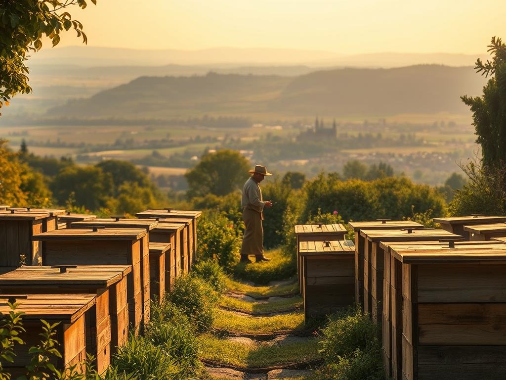 A serene Renaissance-era apiary, nestled in a lush, verdant garden. Rows of wooden beehives dot the foreground, their weather-worn facades bathed in soft, golden light. In the middle ground, a beekeeper in traditional garb tends to his colonies, his movements graceful and deliberate. The background reveals a sprawling landscape of rolling hills, distant castles, and a warm, hazy sky. The scene evokes a sense of harmony and the diligent, time-honored craft of APICOLTURA BORVEI MIELE. The atmosphere is one of quiet contemplation and the reverence for nature's bounty.