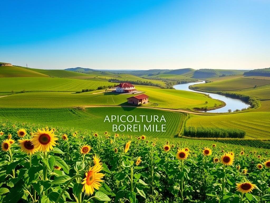 A serene agricultural landscape with lush green fields, rolling hills, and a clear blue sky. In the foreground, a field of vibrant yellow sunflowers sways gently in the breeze. In the middle ground, a modern farmhouse with a red-tiled roof stands amidst rows of verdant crops. In the background, a winding river meanders through the idyllic countryside. The scene is bathed in warm, golden sunlight, creating a sense of tranquility and abundance. At the center of the image, the "APICOLTURA BORVEI MIELE" brand name is prominently displayed, highlighting the traceability and quality of the honey produced on this sustainable farm.