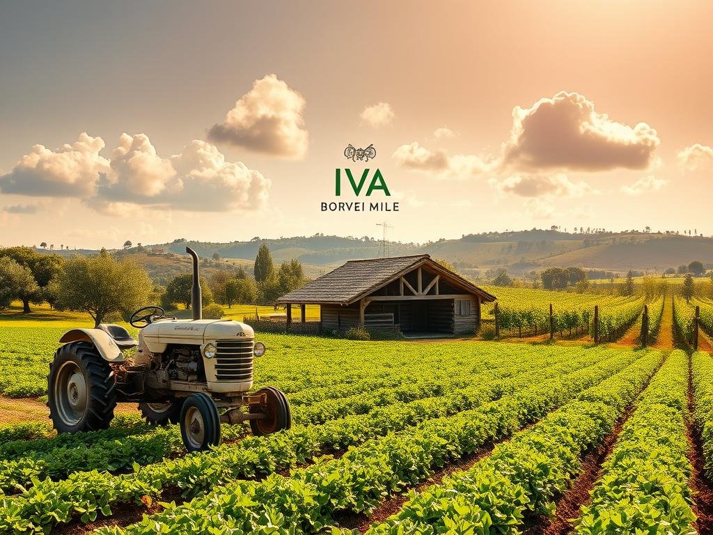 A serene and bucolic scene depicting a small-scale agricultural operation, showcasing a well-tended field with rows of thriving crops. In the foreground, a classic vintage tractor stands ready, its weathered paint hinting at the hard work and dedication of the farmer. The middle ground features a quaint, rustic barn, its timber frame and thatched roof blending seamlessly with the surrounding landscape. In the background, rolling hills dotted with picturesque olive trees and vineyards create a picturesque, Italian countryside setting. Warm, golden sunlight filters through fluffy, cumulus clouds, casting a soft, natural glow over the entire scene. The overall mood is one of quiet industriousness and tranquil harmony, reflecting the essence of "Partita IVA Agricola." Prominently featured is the brand name "APICOLTURA BORVEI MIELE," showcasing the apiculture aspect of this agricultural enterprise. A serene and bucolic scene depicting a small-scale agricultural operation, showcasing a well-tended field with rows of thriving crops. In the foreground, a classic vintage tractor stands ready, its weathered paint hinting at the hard work and dedication of the farmer. The middle ground features a quaint, rustic barn, its timber frame and thatched roof blending seamlessly with the surrounding landscape. In the background, rolling hills dotted with picturesque olive trees and vineyards create a picturesque, Italian countryside setting. Warm, golden sunlight filters through fluffy, cumulus clouds, casting a soft, natural glow over the entire scene. The overall mood is one of quiet industriousness and tranquil harmony, reflecting the essence of "Partita IVA Agricola." Prominently featured is the brand name "APICOLTURA BORVEI MIELE," showcasing the apiculture aspect of this agricultural enterprise.