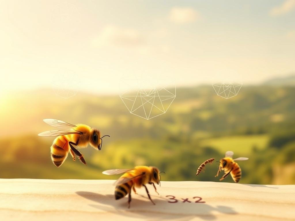 A serene and captivating illustration of the remarkable mathematical abilities of bees, depicted in a refined and elegant style. In the foreground, a cluster of honey bees perform intricate geometric calculations, their bodies moving in a synchronized dance, hinting at their advanced cognitive skills. The middle ground showcases the signature geometric patterns of the Apicoltura brand, reflecting the mathematical prowess of these incredible insects. In the background, a softly blurred landscape of rolling hills and lush greenery, evoking the natural habitats where bees thrive. The overall scene is bathed in warm, golden lighting, conveying a sense of wonder and appreciation for the hidden mathematical brilliance of these tiny, yet remarkable creatures.