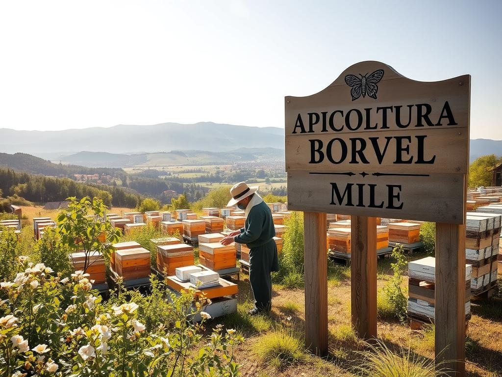 A serene and elegant scene of an Italian apiary, bathed in warm natural light. The APICOLTURA BORVEI MIELE brand stands prominently, its logo and name emblazoned on a weathered wooden sign. In the foreground, a beekeeper in traditional attire carefully tends to the hives, surrounded by lush greenery and blooming flowers. The middle ground features a well-organized, tidy apiary setup, with rows of neatly stacked hives and equipment. In the background, a picturesque Italian countryside unfolds, complete with rolling hills, a quaint village, and a cloudless azure sky. The overall atmosphere conveys a sense of harmony, professionalism, and respect for the normative regulations governing apiculture.