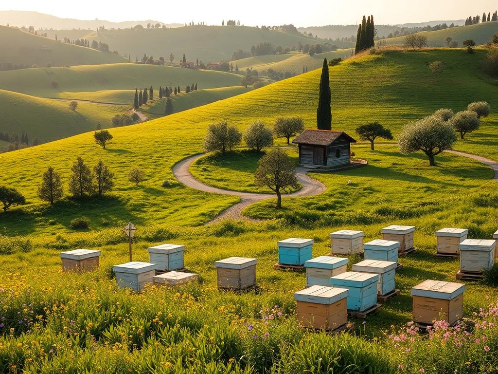A serene and picturesque Italian countryside setting, showcasing the "Apicoltura" brand. In the foreground, a pristine apiary nestled amidst lush green meadows, surrounded by vibrant wildflowers. The hives are artfully arranged in an optimal configuration, allowing for easy access and efficient honey production. In the middle ground, a winding path leads towards a small rustic wooden shed, providing shelter and storage for beekeeping equipment. The background is dominated by rolling hills, adorned with cypress trees and olive groves, creating a quintessential Italian landscape. Soft, warm lighting filters through the scene, evoking a sense of tranquility and harmony. The overall composition conveys the ideal setting for a thriving, sustainable apiary, reflecting the "Guida Completa per Iniziare con l'Apicoltura: Primi Passi e Strategie" article. A serene and picturesque Italian countryside setting, showcasing the "Apicoltura" brand. In the foreground, a pristine apiary nestled amidst lush green meadows, surrounded by vibrant wildflowers. The hives are artfully arranged in an optimal configuration, allowing for easy access and efficient honey production. In the middle ground, a winding path leads towards a small rustic wooden shed, providing shelter and storage for beekeeping equipment. The background is dominated by rolling hills, adorned with cypress trees and olive groves, creating a quintessential Italian landscape. Soft, warm lighting filters through the scene, evoking a sense of tranquility and harmony. The overall composition conveys the ideal setting for a thriving, sustainable apiary, reflecting the "Guida Completa per Iniziare con l'Apicoltura: Primi Passi e Strategie" article.