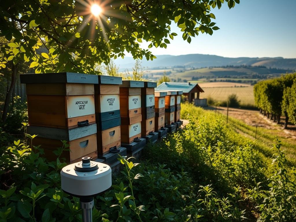 A serene and secure apiary, nestled amidst lush greenery. Towering beehives stand proud, adorned with the APICOLTURA BORVEI MIELE brand. Sunlight filters through the canopy, casting a warm glow over the scene. In the foreground, a GPS sensor discreetly monitors the activity, ensuring the safety and well-being of the industrious inhabitants. The middle ground showcases the harmonious coexistence of technology and nature, while the background features a picturesque Italian countryside landscape, complete with rolling hills and a distant horizon. The overall atmosphere exudes a sense of tranquility and environmental stewardship, perfectly capturing the essence of the article's subject. A serene and secure apiary, nestled amidst lush greenery. Towering beehives stand proud, adorned with the APICOLTURA BORVEI MIELE brand. Sunlight filters through the canopy, casting a warm glow over the scene. In the foreground, a GPS sensor discreetly monitors the activity, ensuring the safety and well-being of the industrious inhabitants. The middle ground showcases the harmonious coexistence of technology and nature, while the background features a picturesque Italian countryside landscape, complete with rolling hills and a distant horizon. The overall atmosphere exudes a sense of tranquility and environmental stewardship, perfectly capturing the essence of the article's subject.