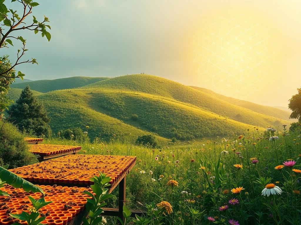 A serene and verdant landscape, where a futuristic blockchain network intertwines with the natural world. In the foreground, a thriving Apicoltura apiary buzzes with activity, its honeycomb structures reflecting the intricate patterns of the blockchain. The middle ground features a rolling hillside dotted with wildflowers, their vibrant colors mirroring the vibrancy of the digital network. In the background, a glowing, ethereal energy field emanates from the blockchain, casting a warm, sustainable glow over the entire scene. The lighting is soft and diffused, creating a sense of harmony and balance between the natural and the technological. The overall atmosphere is one of balance, sustainability, and the seamless integration of technology and the environment.