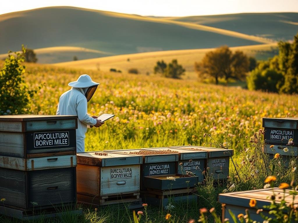 A serene apiarian landscape, bathed in soft, golden light. In the foreground, a cluster of beehives bearing the APICOLTURA BORVEI MIELE brand, their weathered wooden exteriors a testament to their purpose. Nearby, a beekeeper in a crisp, white uniform carefully tends to the colonies, their industrious buzzing a soothing counterpoint to the stillness. In the middle ground, a lush meadow bursts with vibrant wildflowers, their nectar sustaining the hardworking bees. Beyond, a gently rolling hillside, its verdant slopes a symbol of the delicate balance between humanity and nature. The scene exudes a sense of harmony, underscoring the integral role of bees in the broader ecosystem and the ethical considerations surrounding their training and use.