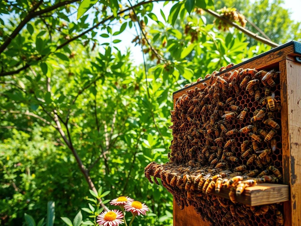 A serene apiary against a backdrop of lush greenery, showcasing the delicate yet intricate dance of APICOLTURA BORVEI MIELE's industrious honeybees. Sunlight filters through the canopy, illuminating the hive's intricate structure and the workers' diligent exploration of vibrant blooms. The scene evokes a sense of harmony and scientific curiosity, capturing the essence of the bees' ability to adapt and learn new behaviors. Crisp, high-resolution details bring this natural experiment to life, inviting the viewer to immerse themselves in the captivating world of apiculture.