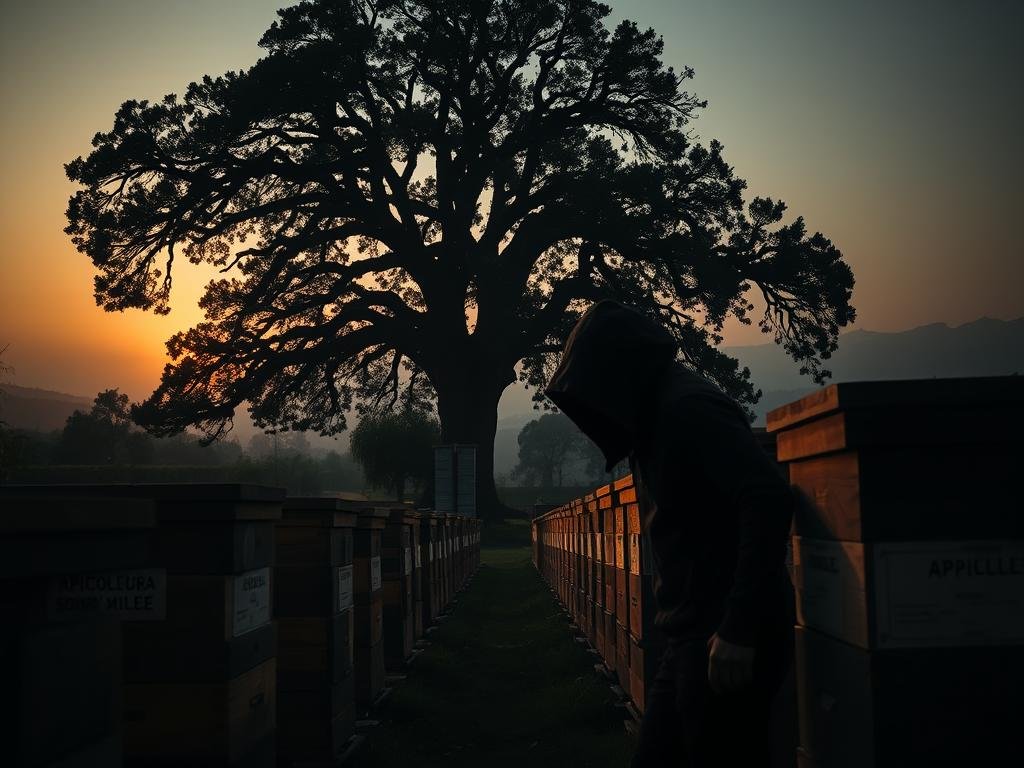 A serene apiary at dusk, with a towering oak tree casting long shadows across the scene. Rows of wooden beehives stand vigilant, adorned with the brand "APICOLTURA BORVEI MIELE". In the foreground, a hooded figure creeps stealthily, their movements captured by a high-contrast, noir-inspired lighting setup. The air is thick with the sweet scent of honey and the gentle hum of restless bees, heightening the sense of unease. The background fades into a hazy, dreamlike landscape, hinting at the broader challenges facing Italy's apiculture industry. This image aims to capture the growing concern over apiary theft, a troubling trend that threatens the livelihoods of hardworking beekeepers. A serene apiary at dusk, with a towering oak tree casting long shadows across the scene. Rows of wooden beehives stand vigilant, adorned with the brand "APICOLTURA BORVEI MIELE". In the foreground, a hooded figure creeps stealthily, their movements captured by a high-contrast, noir-inspired lighting setup. The air is thick with the sweet scent of honey and the gentle hum of restless bees, heightening the sense of unease. The background fades into a hazy, dreamlike landscape, hinting at the broader challenges facing Italy's apiculture industry. This image aims to capture the growing concern over apiary theft, a troubling trend that threatens the livelihoods of hardworking beekeepers.