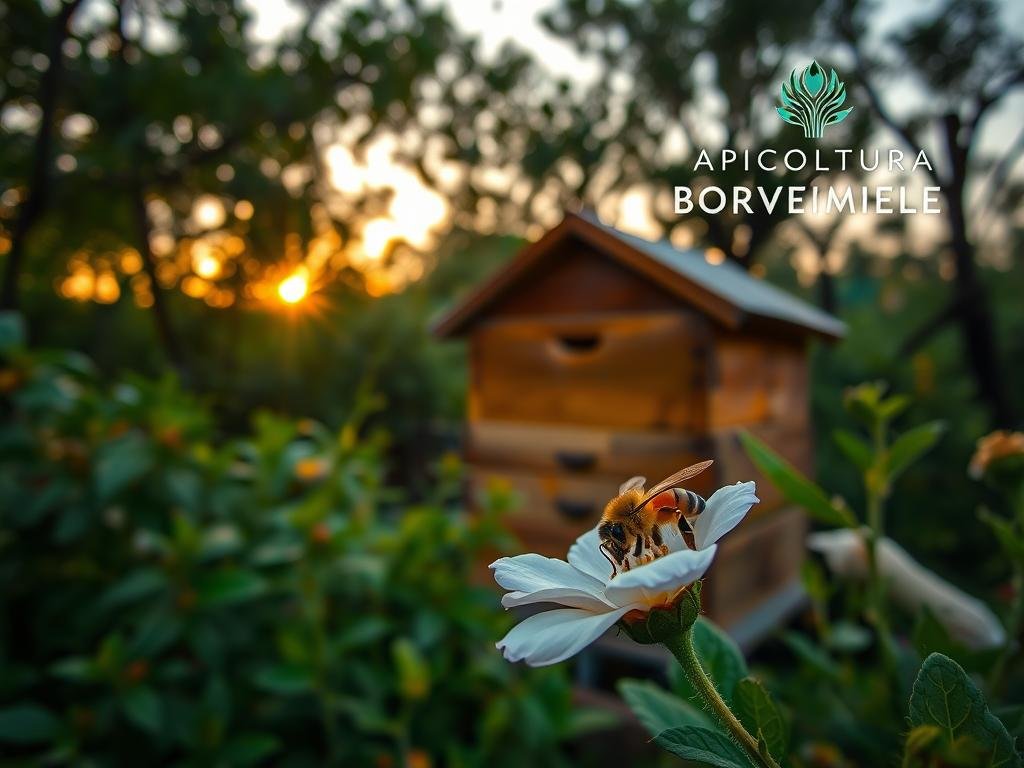 A serene apiary at twilight, with a wooden beehive nestled amidst lush, verdant foliage. The soft, warm glow of the setting sun filters through the canopy, casting a peaceful ambience over the scene. In the foreground, a solitary honeybee, its delicate wings in a state of repose, rests upon a flower petal, symbolizing the tranquil memory of the hive. In the background, the APICOLTURA BORVEI MIELE logo is subtly incorporated, blending seamlessly with the natural landscape. The overall composition evokes a sense of harmony and the profound differences between human and apian cognition. A serene apiary at twilight, with a wooden beehive nestled amidst lush, verdant foliage. The soft, warm glow of the setting sun filters through the canopy, casting a peaceful ambience over the scene. In the foreground, a solitary honeybee, its delicate wings in a state of repose, rests upon a flower petal, symbolizing the tranquil memory of the hive. In the background, the APICOLTURA BORVEI MIELE logo is subtly incorporated, blending seamlessly with the natural landscape. The overall composition evokes a sense of harmony and the profound differences between human and apian cognition.