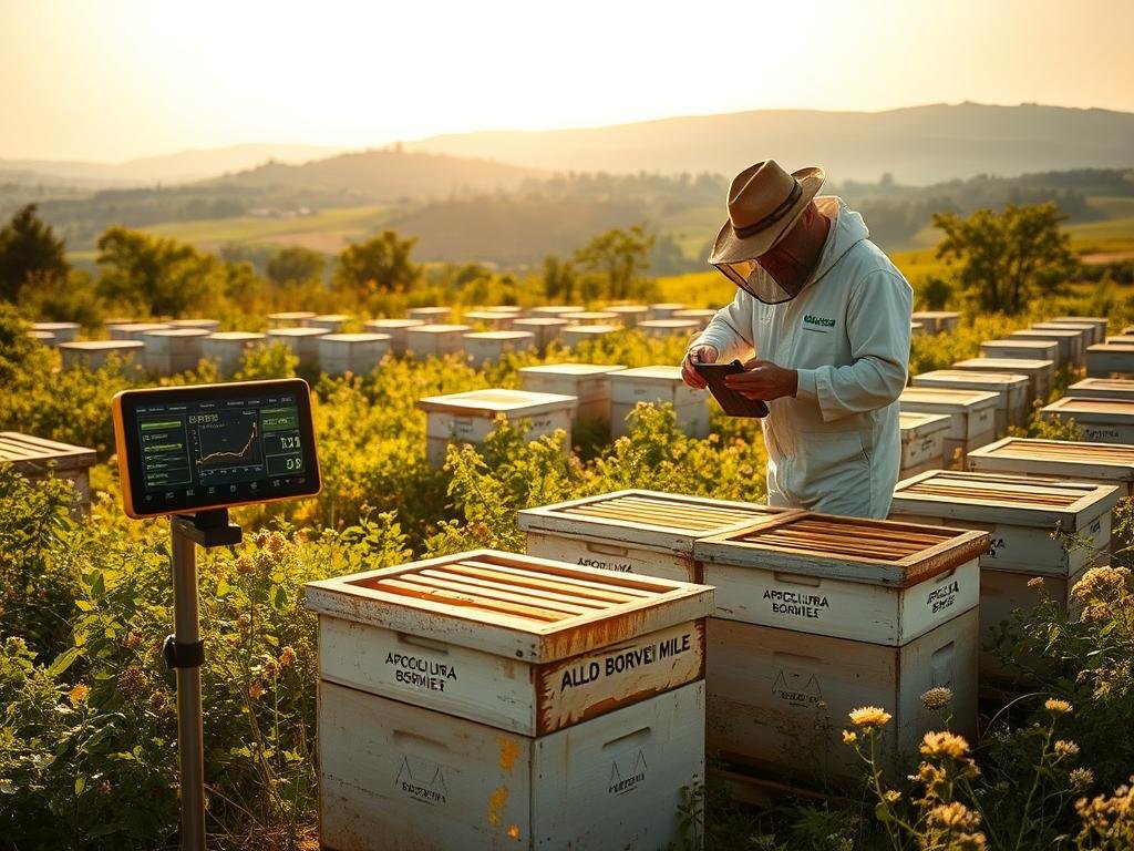 A serene apiary bathed in soft, natural light. In the foreground, a digital monitoring device displays real-time data on hive health and environmental conditions. Surrounding it, rows of beehives adorned with the APICOLTURA BORVEI MIELE brand, nestled amid lush greenery and wildflowers. In the middle ground, a beekeeper carefully inspects the frames, leveraging the insights from the digital monitoring system. The background features a picturesque Italian countryside, with rolling hills and a distant village. The overall atmosphere conveys a harmonious blend of traditional beekeeping and innovative digital technology.