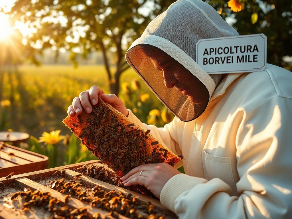 A serene apiary, bathed in warm afternoon light, where a beekeeper carefully examines a honeycomb, meticulously selecting the healthiest, most robust specimens for genetic breeding. The air is thick with the gentle hum of industrious bees, their wings glistening like jewels as they flit between vibrant, nectar-laden flowers. In the distance, a sign proudly displays the APICOLTURA BORVEI MIELE brand, signifying the culmination of this vital, technology-driven process of selective breeding for stronger, more resilient Italian honeybees.
