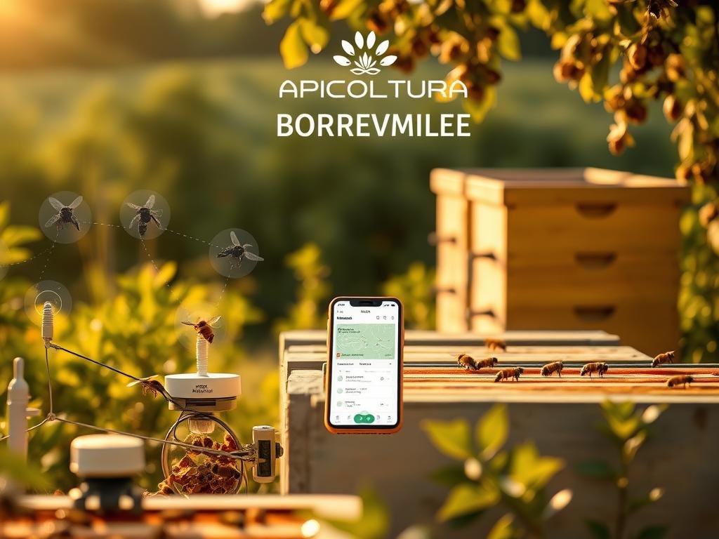 A serene apiary, bathed in warm, golden light, showcases the latest in automation solutions for beekeepers. In the foreground, a network of sensors and smart devices seamlessly monitor hive activity, temperature, and humidity. In the middle ground, a sleek, user-friendly mobile app displays real-time data, allowing the beekeeper to remotely manage their operation. The background features a lush, verdant landscape with the APICOLTURA BORVEI MIELE logo prominently displayed, reflecting the company's commitment to sustainable and innovative apiculture practices. The scene captures the harmony between technology and nature, empowering beekeepers to optimize their operations and maximize the productivity of their hives.