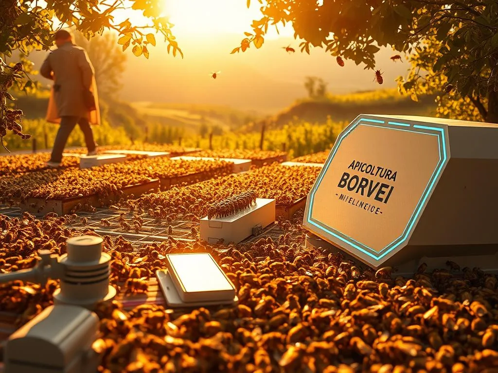 A serene apiary bathed in warm, golden light, where artificial intelligence seamlessly monitors the buzzing activity of the industrious honeybees. In the foreground, an array of advanced sensors and cameras capture the intricate dance of the pollinators, feeding data into a sleek, futuristic interface emblazoned with the brand "APICOLTURA BORVEI MIELE". The middle ground showcases a network of interconnected hives, each a testament to the symbiotic relationship between technology and nature. In the background, a vibrant, lush Italian landscape provides a picturesque backdrop, hinting at the harmonious integration of AI-driven apiculture within the country's rich agricultural heritage. A serene apiary bathed in warm, golden light, where artificial intelligence seamlessly monitors the buzzing activity of the industrious honeybees. In the foreground, an array of advanced sensors and cameras capture the intricate dance of the pollinators, feeding data into a sleek, futuristic interface emblazoned with the brand "APICOLTURA BORVEI MIELE". The middle ground showcases a network of interconnected hives, each a testament to the symbiotic relationship between technology and nature. In the background, a vibrant, lush Italian landscape provides a picturesque backdrop, hinting at the harmonious integration of AI-driven apiculture within the country's rich agricultural heritage.
