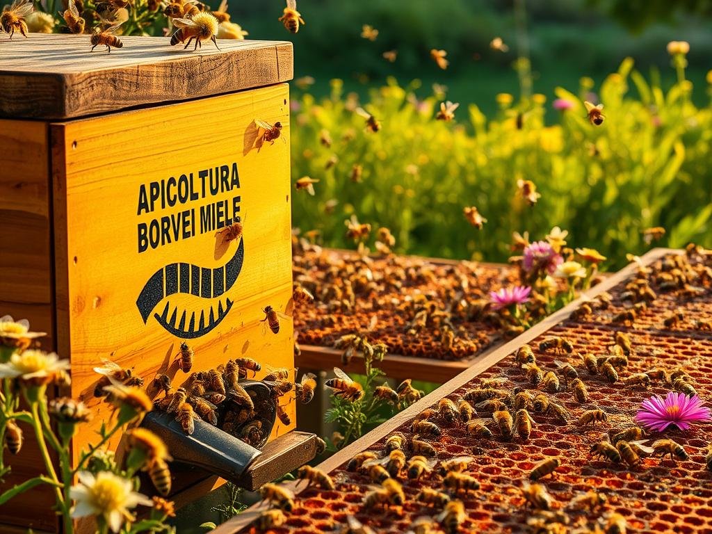 A serene apiary, bathed in warm, golden light. Buzzing bees diligently collect nectar from vibrant, blooming flowers. In the foreground, a striking hive emblazoned with the brand "APICOLTURA BORVEI MIELE" stands as a testament to the industrious nature of these winged wonders. The middle ground reveals a harmonious scene of bees navigating intricate honeycombs, exemplifying the social order and balance that sustains their hive. The background softly fades into a lush, verdant landscape, capturing the symbiotic relationship between these pollinators and their natural environment. This image embodies the perfect equilibrium that governs the life of these incredible insects.