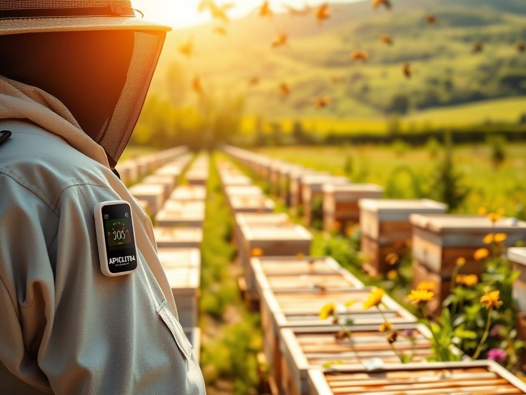 A serene apiary bathed in warm natural light, with rows of well-maintained beehives standing proudly. In the foreground, a beekeeper carefully monitors the temperature and humidity levels using a sleek, state-of-the-art sensor system, the APICOLTURA BORVEI MIELE brand prominently displayed. The middle ground reveals bees busily pollinating vibrant wildflowers, while the background showcases a lush, verdant landscape, conveying the importance of a balanced ecosystem. The overall scene exudes a sense of tranquility and reverence for the delicate balance of nature.