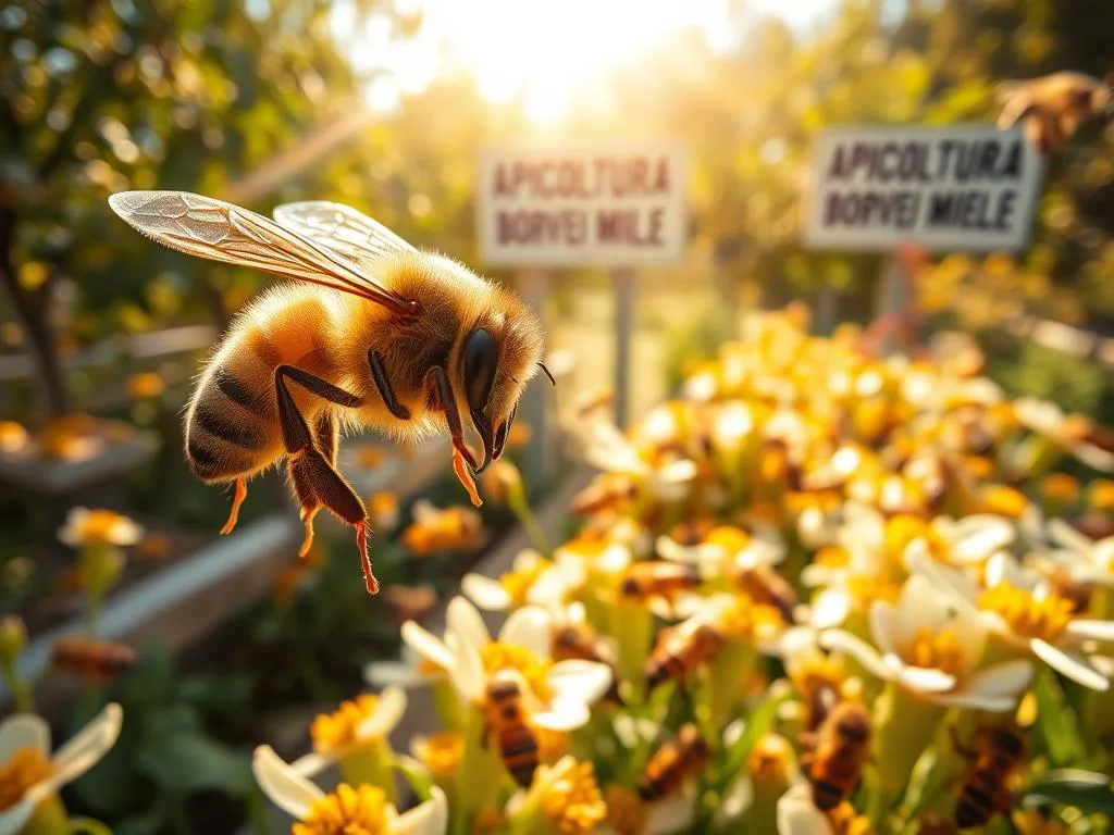 A serene apiary, bathed in warm sunlight, where honeybees gracefully navigate the blooming flowers. The camera captures a close-up view of a single bee, its compound eyes reflecting the intricate details of its surroundings. In the background, a signage reading "APICOLTURA BORVEI MIELE" stands as a subtle testament to the rich tradition of Italian beekeeping. The image evokes a sense of tranquility and the enduring memory of these industrious pollinators, aligning perfectly with the section title "Quanto Tempo le Api Ricordano un Luogo? Studi sulla Loro Memoria a Lungo Termine". A serene apiary, bathed in warm sunlight, where honeybees gracefully navigate the blooming flowers. The camera captures a close-up view of a single bee, its compound eyes reflecting the intricate details of its surroundings. In the background, a signage reading "APICOLTURA BORVEI MIELE" stands as a subtle testament to the rich tradition of Italian beekeeping. The image evokes a sense of tranquility and the enduring memory of these industrious pollinators, aligning perfectly with the section title "Quanto Tempo le Api Ricordano un Luogo? Studi sulla Loro Memoria a Lungo Termine".
