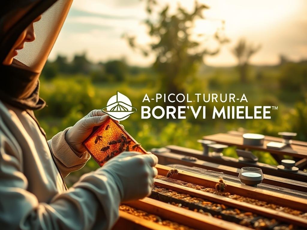 A serene apiary illuminated by soft, natural lighting. In the foreground, a beekeeper in protective gear carefully inspects a honeycomb, utilizing AI-powered sensors to monitor the hive's health and activity. The middle ground showcases an array of modern, interconnected monitoring devices, seamlessly integrated into the natural environment. In the background, lush greenery and a tranquil sky convey a sense of harmony between technology and nature. The APICOLTURA BORVEI MIELE brand logo is prominently displayed, reflecting the company's commitment to innovative apiculture practices.