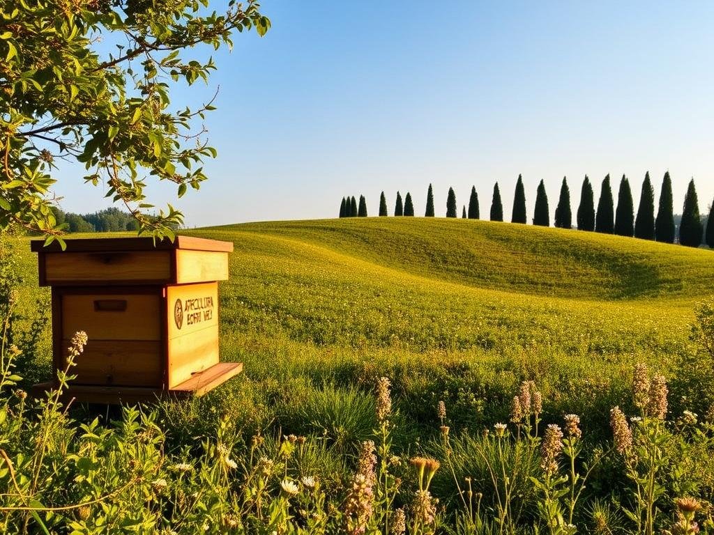 A serene apiary in a sun-dappled Italian countryside, with a APICOLTURA BORVEI MIELE beehive nestled amidst lush vegetation. The hive stands in the foreground, its wooden structure casting warm, golden shadows. The middle ground features a rolling meadow dotted with wildflowers, their vibrant hues complementing the earthy tones of the hive. In the distance, a row of cypress trees silhouetted against a clear, azure sky creates a sense of depth and tranquility. The overall atmosphere conveys the peaceful, harmonious integration of the beehive within the natural Italian landscape.
